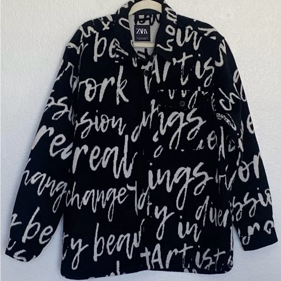 Zara Men’s Black/White Graffiti Print Fleece Jacket Letter Motif size XL - Picture 3 of 12